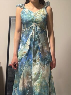 Blue-Green Floral Maxi Dress with beads, shells and sequins details